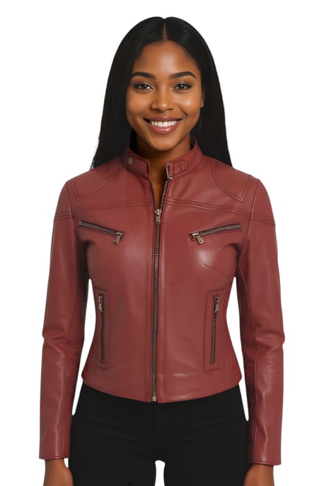 Chaqueta motera de cuero burdeos informal y ajustada para mujer - Tulsa - Image 1