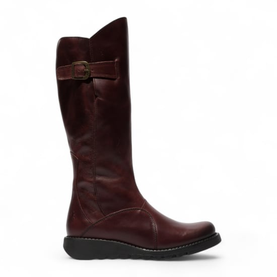 Botas Fly London MOL 2 de piel color burdeos para mujer, con tacón de cuña y cremallera hasta la rodilla - Image 1