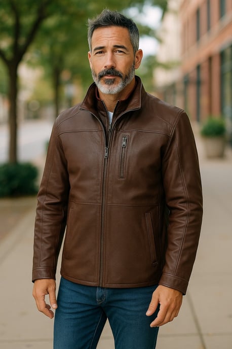 Abrigo de cuero marrón cálido de longitud media para hombre - Colac - Image 1