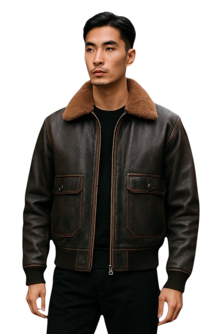 Chaqueta de piloto G-1 de cuero marrón con cuello de oveja para hombre - Naracoorte - Image 1