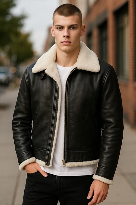 Chaqueta de aviador B3 de piel de oveja auténtica para hombre, color marrón crema y crema - Hobart - Image 1