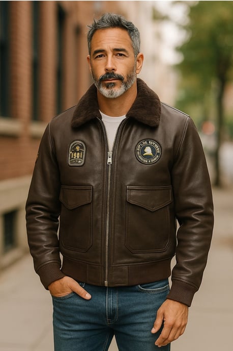 Chaqueta de aviador G-1 de cuero marrón con cuello de oveja para hombre - Ararat - Image 1
