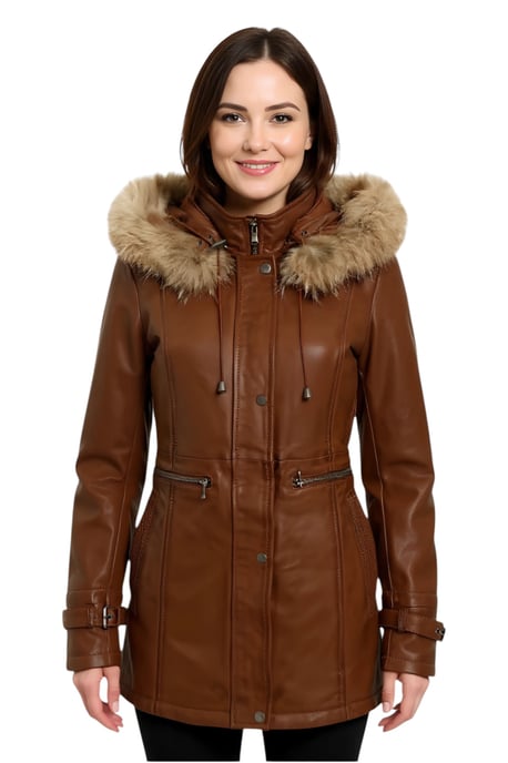 Parka de cuero color canela con capucha para mujer - Charleville - Image 1