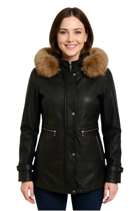 Parka de cuero negra con capucha para mujer - Charleville - Image 1