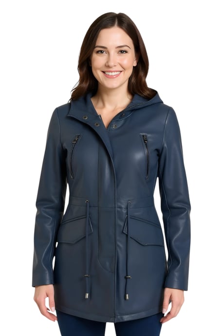 Parka de cuero azul con capucha para mujer - Cairns - Image 1