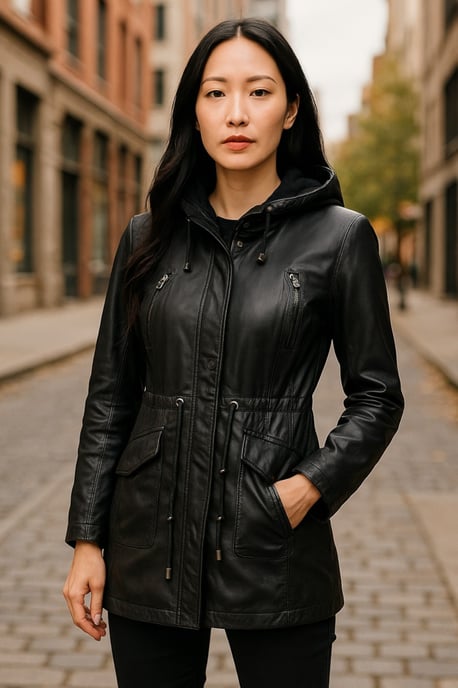 Parka de cuero negra con capucha para mujer - Clare - Image 1