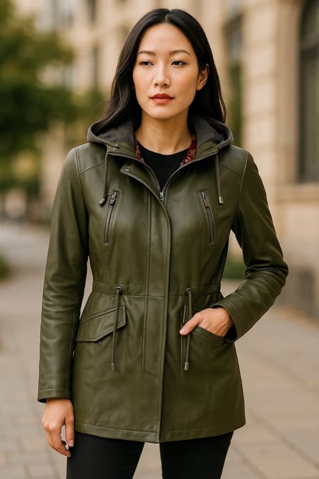 Parka de cuero verde con capucha para mujer - Clare - Image 1