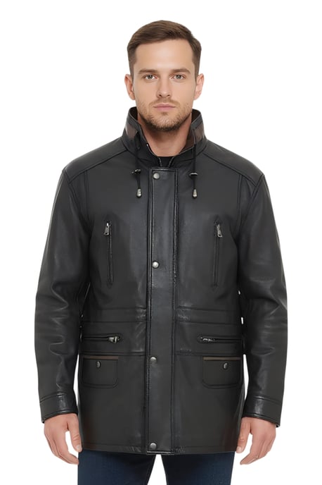 Parka de cuero italiano suave negro y marrón para hombre - Gatton - Image 1