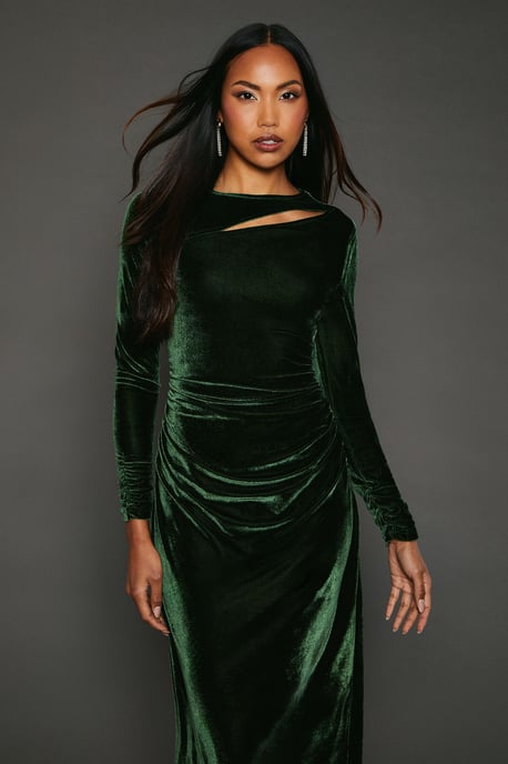 Forest Velvet Asymmetric Cut Out Midaxi Dress - Image 1