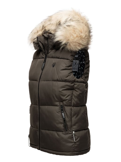 Marikoo chaleco acolchado mujer – Eisflöckchen con capucha y cuello de pelo sintético - Image 3