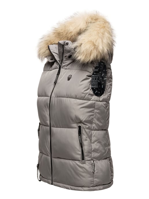 Marikoo chaleco acolchado mujer – Eisflöckchen con capucha y cuello de pelo sintético - Image 3
