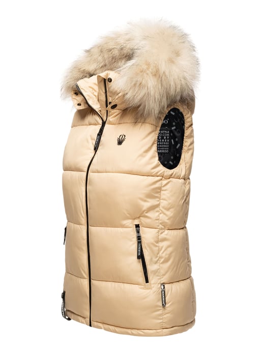 Marikoo chaleco acolchado mujer – Eisflöckchen con capucha y cuello de pelo sintético - Image 3