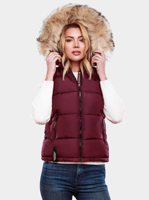 Marikoo chaleco acolchado mujer – Eisflöckchen con capucha y cuello de pelo sintético - Image 6