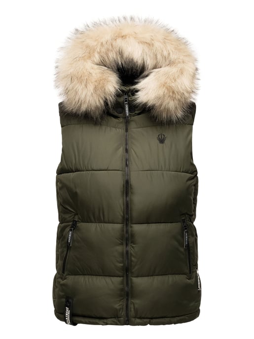 Marikoo chaleco acolchado mujer – Eisflöckchen con capucha y cuello de pelo sintético - Image 2
