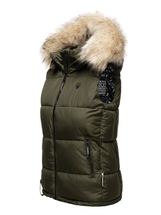Marikoo chaleco acolchado mujer – Eisflöckchen con capucha y cuello de pelo sintético - Image 3