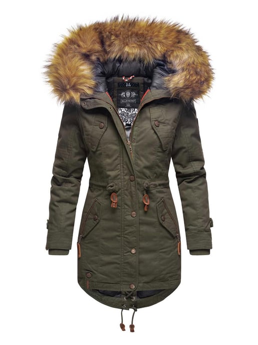 Chaqueta de invierno Marikoo para mujer con cuello de pelo sintético desmontable y cordón en la cintura - Image 1