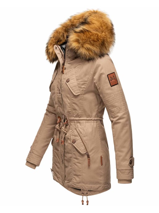 Chaqueta de invierno Marikoo para mujer con cuello de pelo sintético desmontable y cordón en la cintura - Image 3