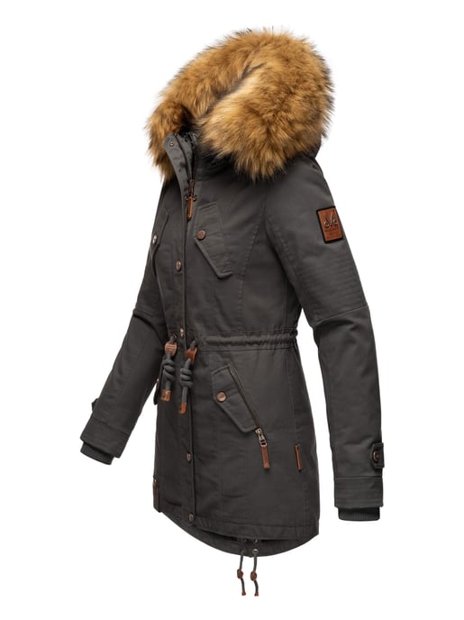 Chaqueta de invierno Marikoo para mujer con cuello de pelo sintético desmontable y cordón en la cintura - Image 3