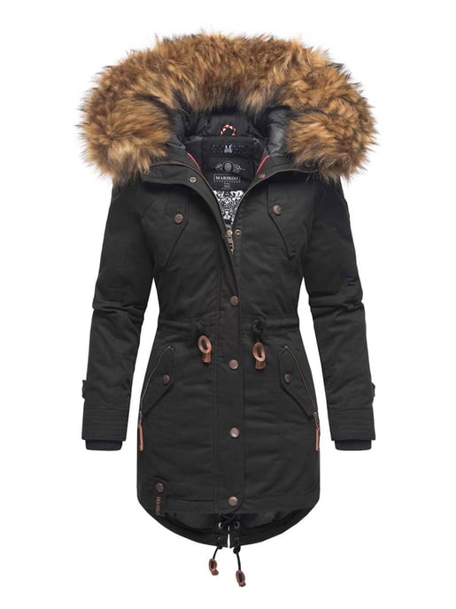 Chaqueta de invierno Marikoo para mujer con cuello de pelo sintético desmontable y cordón en la cintura - Image 1