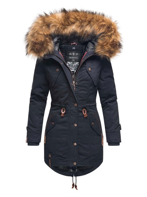 Chaqueta de invierno Marikoo para mujer con cuello de pelo sintético desmontable y cordón en la cintura - Image 1