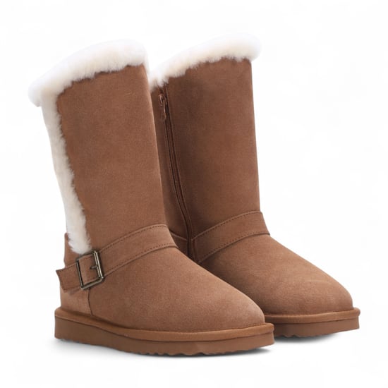 Botas de invierno cálidas de piel de oveja auténtica para mujer, de ante marrón tostado, de color rojo. - Image 3