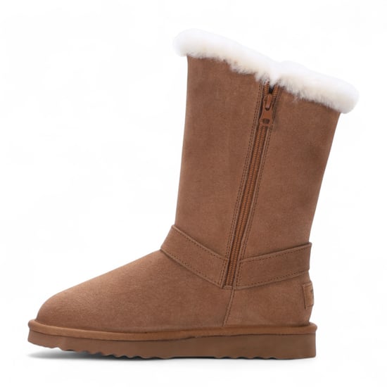 Botas de invierno cálidas de piel de oveja auténtica para mujer, de ante marrón tostado, de color rojo. - Image 4