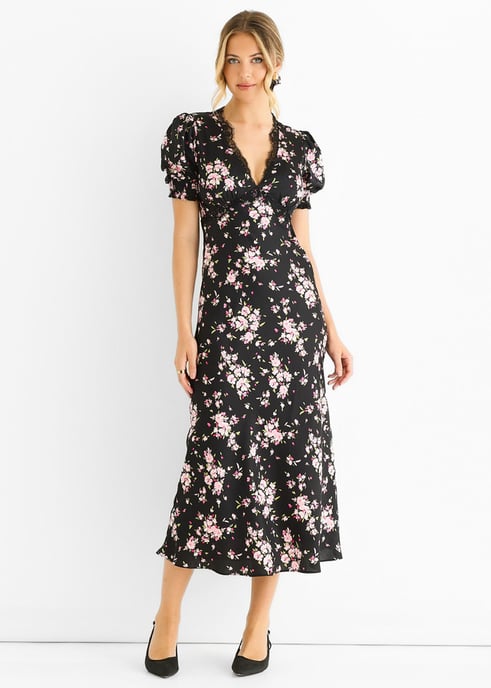 Vestido midi con ribete de encaje floral negro - Image 1