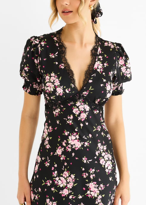 Vestido midi con ribete de encaje floral negro - Image 2