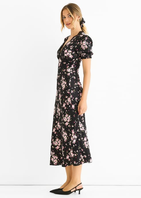 Vestido midi con ribete de encaje floral negro - Image 3