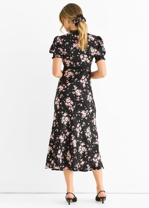 Vestido midi con ribete de encaje floral negro - Image 4
