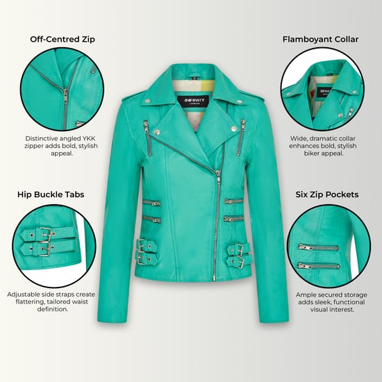 Chaqueta motera Brando de cuero azul agua para mujer - Loddon - Image 2
