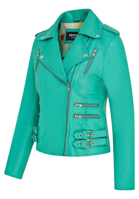 Chaqueta motera Brando de cuero azul agua para mujer - Constantia - Image 4