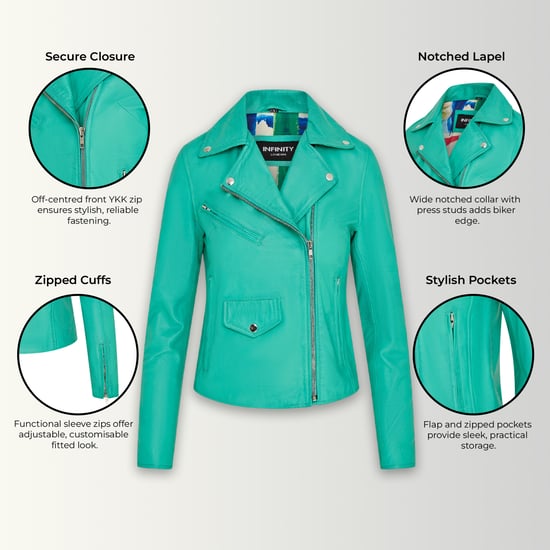 Chaqueta de cuero motera clásica Brando azul agua para mujer - Soweto - Image 3