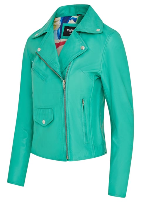 Chaqueta de cuero motera clásica Brando azul agua para mujer - Soweto - Image 4
