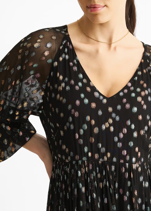 Vestido mini escalonado de viscosa con estampado jacquard multicolor y manchas negras - Image 2