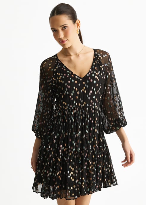 Vestido mini escalonado de viscosa con estampado jacquard multicolor y manchas negras - Image 3