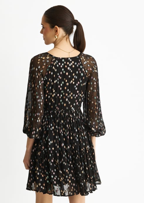 Vestido mini escalonado de viscosa con estampado jacquard multicolor y manchas negras - Image 4