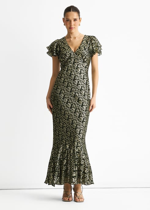 Vestido largo de viscosa verde oscuro con jacquard dorado recortado y corte al bies - Image 1