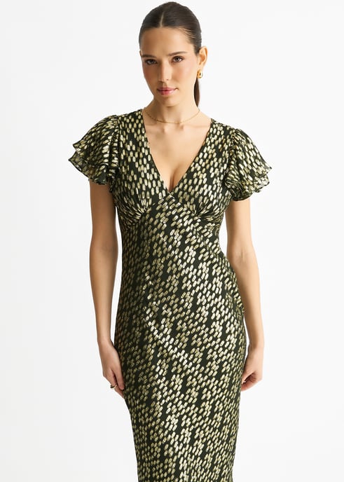 Vestido largo de viscosa verde oscuro con jacquard dorado recortado y corte al bies - Image 2