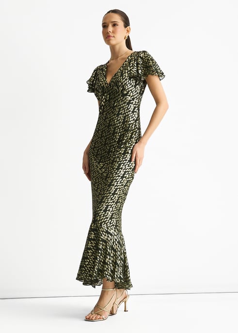 Vestido largo de viscosa verde oscuro con jacquard dorado recortado y corte al bies - Image 3