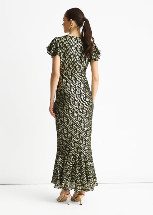 Vestido largo de viscosa verde oscuro con jacquard dorado recortado y corte al bies - Image 4