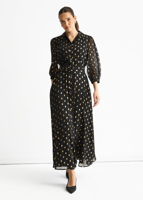 Vestido camisero largo con cinturón de gasa negra metalizada - Image 1