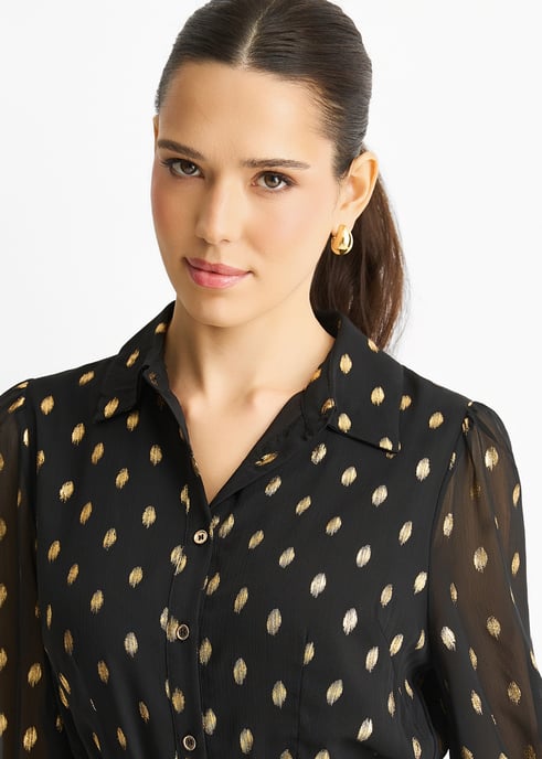 Vestido camisero largo con cinturón de gasa negra metalizada - Image 2