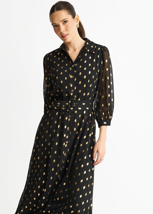 Vestido camisero largo con cinturón de gasa negra metalizada - Image 3