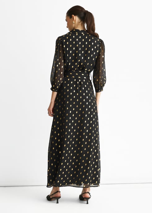 Vestido camisero largo con cinturón de gasa negra metalizada - Image 4