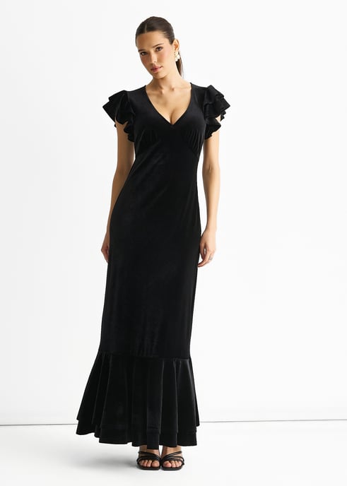Vestido largo de terciopelo negro con cuello en V y mangas con volantes para ocasiones especiales - Image 1