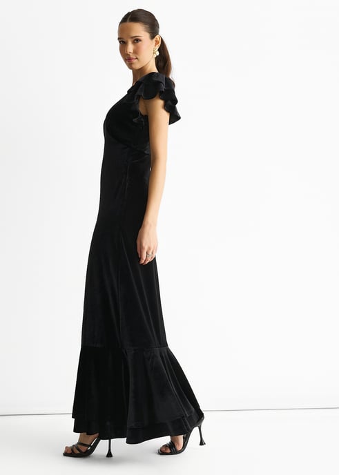 Vestido largo de terciopelo negro con cuello en V y mangas con volantes para ocasiones especiales - Image 3