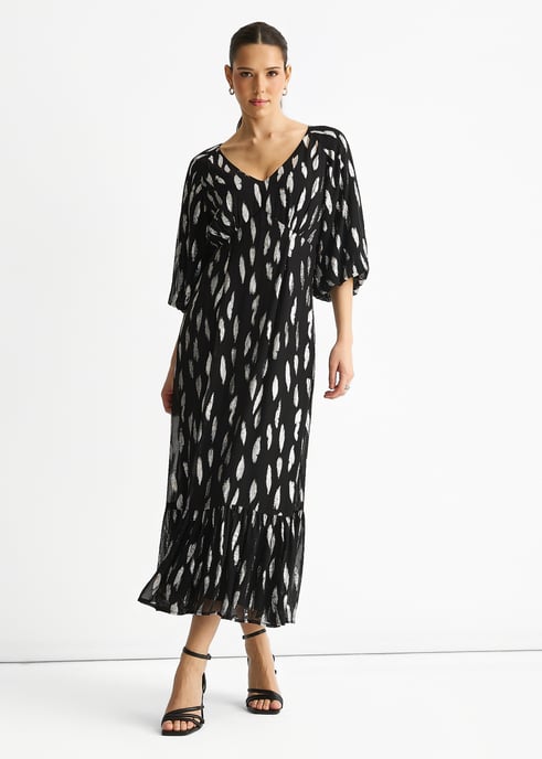 Vestido largo negro de viscosa con mangas abullonadas recortadas - Image 1