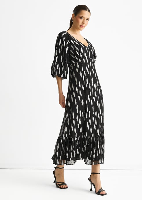 Vestido largo negro de viscosa con mangas abullonadas recortadas - Image 3