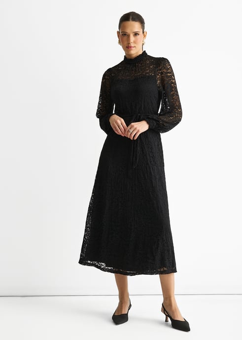 Vestido midi de encaje negro con cuello alto para ocasiones especiales - Image 1